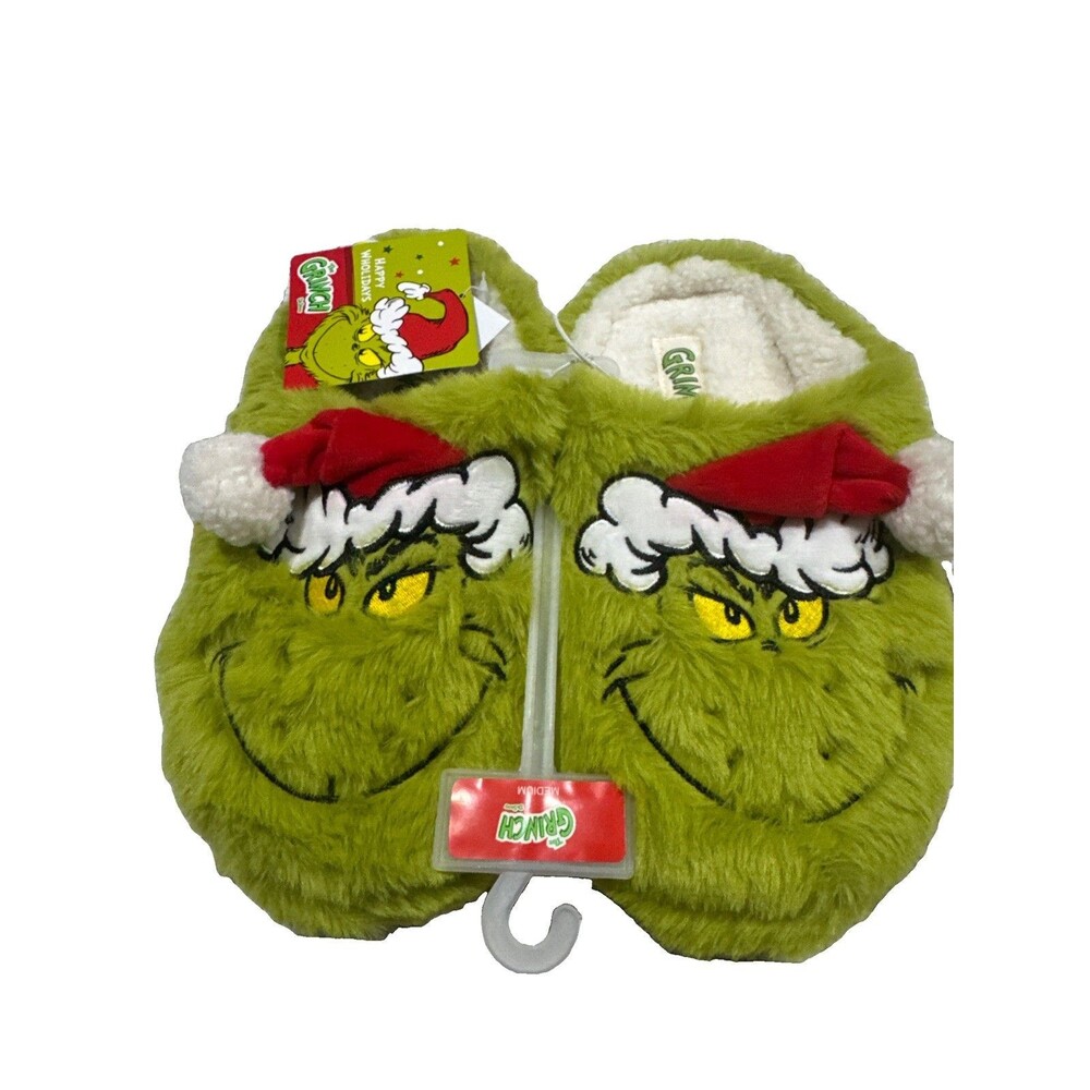 Dr. Seuss Grinch Women’s Green Fur Slip-On Slippers Embroidered Size M 4-5